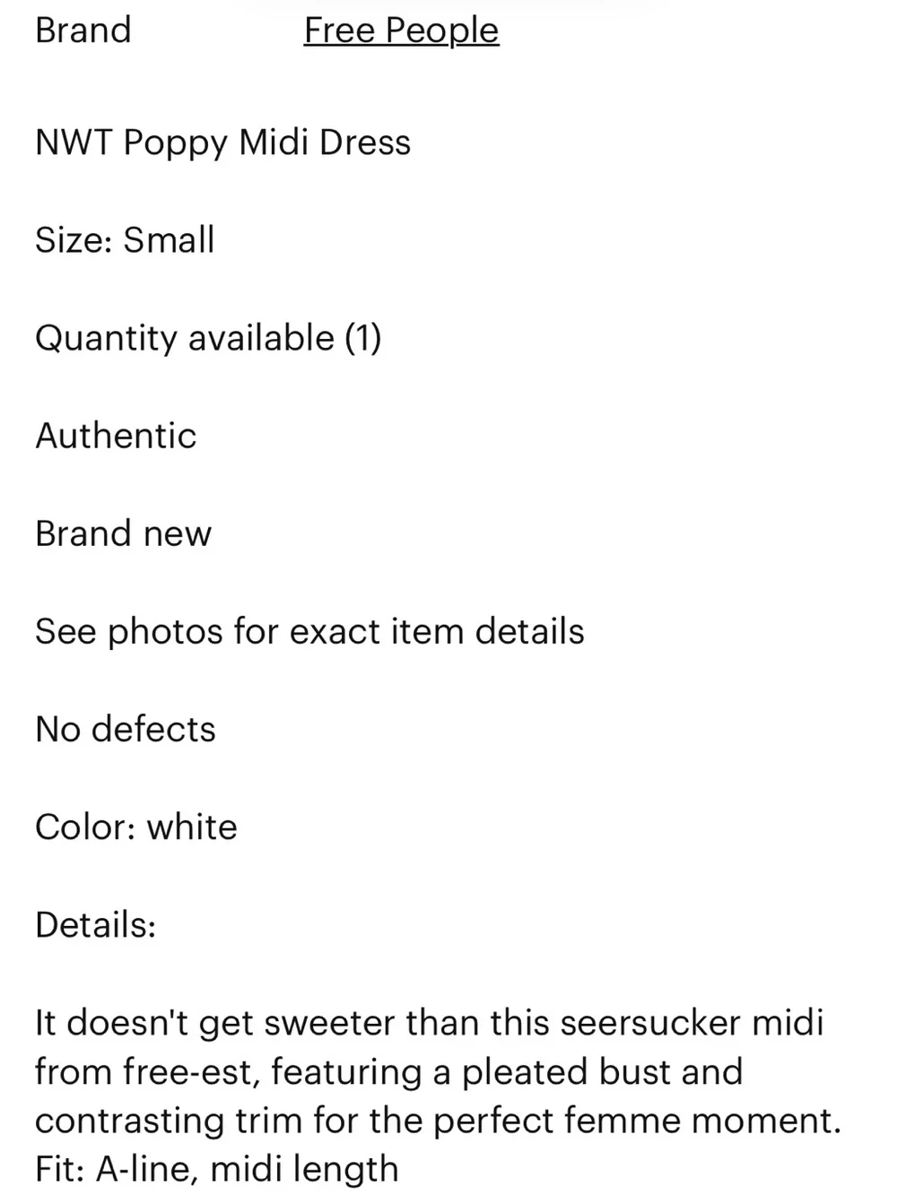 Free People est Small White Ivory Midi Cotton Dress Seersucker